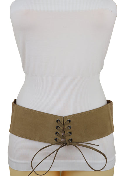 Brand New Women Beige Camel Faux Suede Leather Elastic Corset Fashion Belt Hip High Waist Fit Size S M