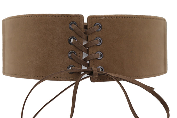 Brand New Women Beige Camel Faux Suede Leather Elastic Corset Fashion Belt Hip High Waist Fit Size S M