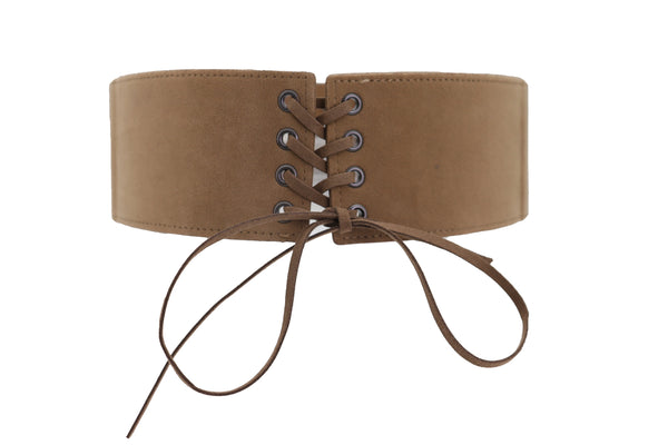 Brand New Women Beige Camel Faux Suede Leather Elastic Corset Fashion Belt Hip High Waist Fit Size S M