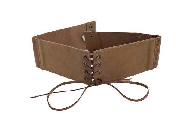 Brand New Women Beige Camel Faux Suede Leather Elastic Corset Fashion Belt Hip High Waist Fit Size S M