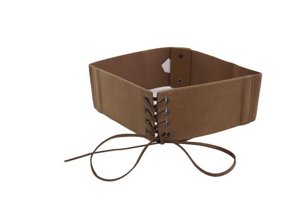 Brand New Women Beige Camel Faux Suede Leather Elastic Corset Fashion Belt Hip High Waist Fit Size S M