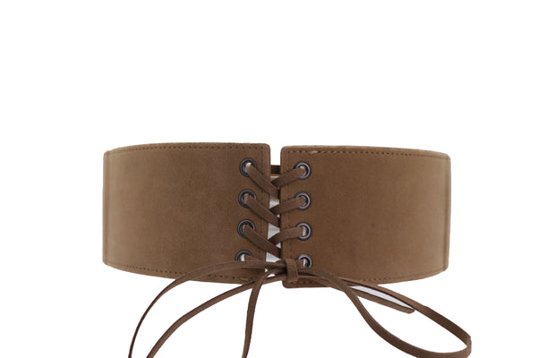 Brand New Women Beige Camel Faux Suede Leather Elastic Corset Fashion Belt Hip High Waist Fit Size S M