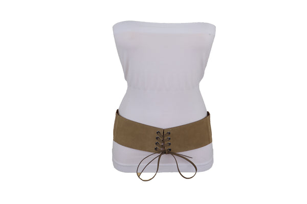 Brand New Women Beige Camel Faux Suede Leather Elastic Corset Fashion Belt Hip High Waist Fit Size S M