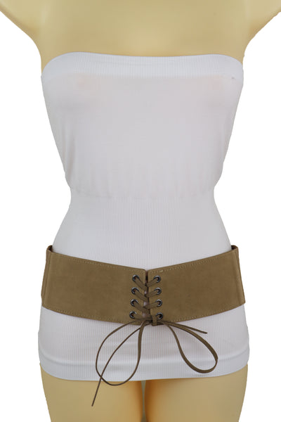 Brand New Women Beige Camel Faux Suede Leather Elastic Corset Fashion Belt Hip High Waist Fit Size S M
