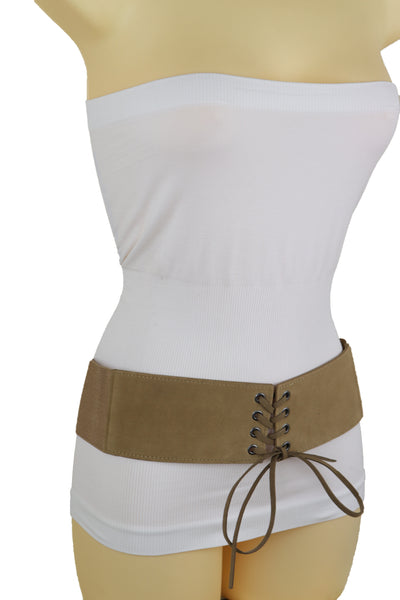Brand New Women Beige Camel Faux Suede Leather Elastic Corset Fashion Belt Hip High Waist Fit Size S M
