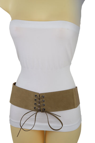 Brand New Women Beige Camel Faux Suede Leather Elastic Corset Fashion Belt Hip High Waist Fit Size S M
