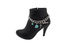 Silver Metal Chain Boot Bracelet Shoe Cross Nail Turquoise Skull Charm