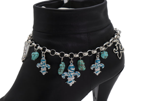 Brand New Women Silver Metal Chain Boot Bracelet Shoe Fleur De Lis Lily Charm Turquoise