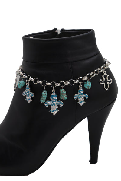 Brand New Women Silver Metal Chain Boot Bracelet Shoe Fleur De Lis Lily Charm Turquoise