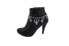 Silver Metal Chain Boot Bracelet Shoe Fleur De Lis Lily Charm Turquoise