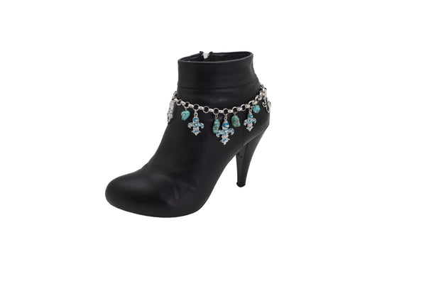 Brand New Women Silver Metal Chain Boot Bracelet Shoe Fleur De Lis Lily Charm Turquoise