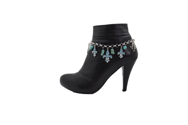 Brand New Women Silver Metal Chain Boot Bracelet Shoe Fleur De Lis Lily Charm Turquoise