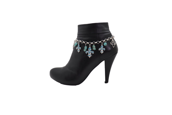 Brand New Women Silver Metal Chain Boot Bracelet Shoe Fleur De Lis Lily Charm Turquoise