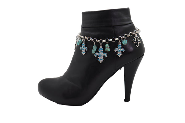 Brand New Women Silver Metal Chain Boot Bracelet Shoe Fleur De Lis Lily Charm Turquoise