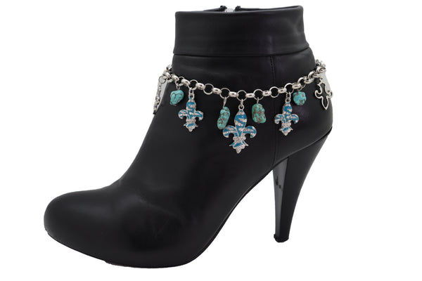 Brand New Women Silver Metal Chain Boot Bracelet Shoe Fleur De Lis Lily Charm Turquoise