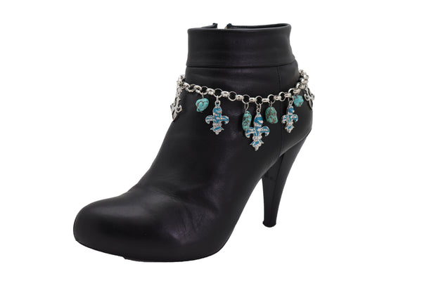 Brand New Women Silver Metal Chain Boot Bracelet Shoe Fleur De Lis Lily Charm Turquoise
