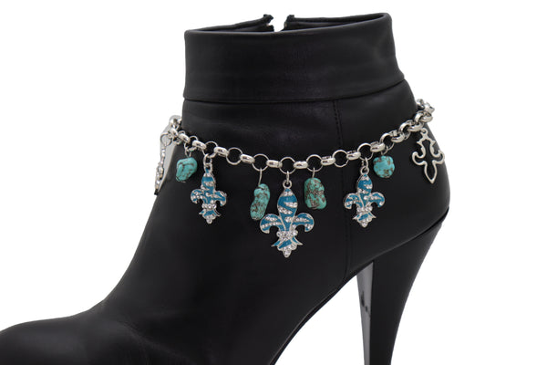 Brand New Women Silver Metal Chain Boot Bracelet Shoe Fleur De Lis Lily Charm Turquoise
