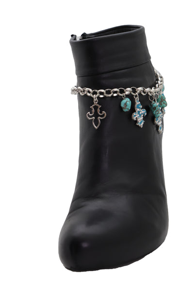 Brand New Women Silver Metal Chain Boot Bracelet Shoe Fleur De Lis Lily Charm Turquoise