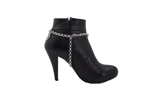 Brand New Women Silver Metal Chain Boot Bracelet Shoe Fleur De Lis Lily Charm Turquoise