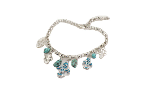 Brand New Women Silver Metal Chain Boot Bracelet Shoe Fleur De Lis Lily Charm Turquoise