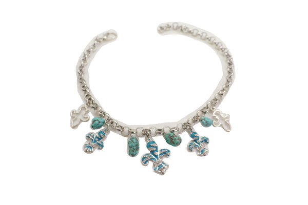 Brand New Women Silver Metal Chain Boot Bracelet Shoe Fleur De Lis Lily Charm Turquoise