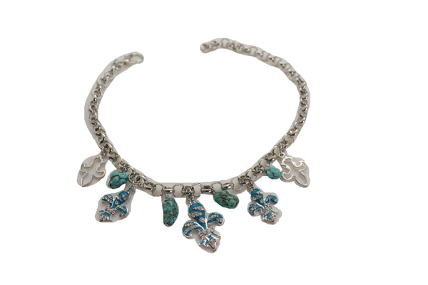 Brand New Women Silver Metal Chain Boot Bracelet Shoe Fleur De Lis Lily Charm Turquoise