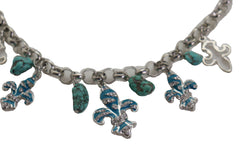 Silver Metal Chain Boot Bracelet Shoe Fleur De Lis Lily Charm Turquoise