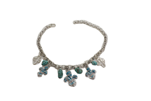 Brand New Women Silver Metal Chain Boot Bracelet Shoe Fleur De Lis Lily Charm Turquoise