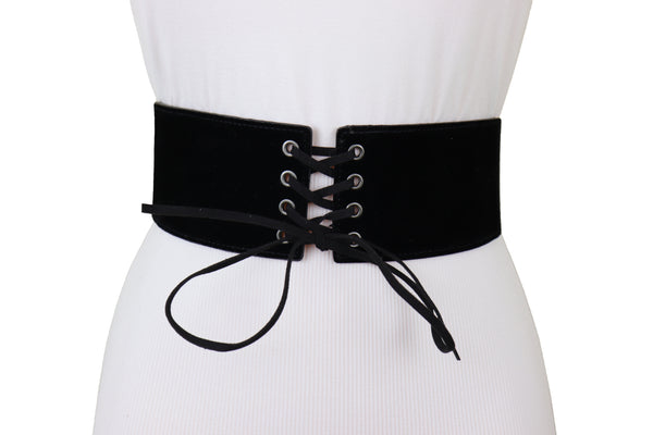 Brand New Women Black Faux Suede Leather Elastic Corset Fashion Belt Hip High Waist S M