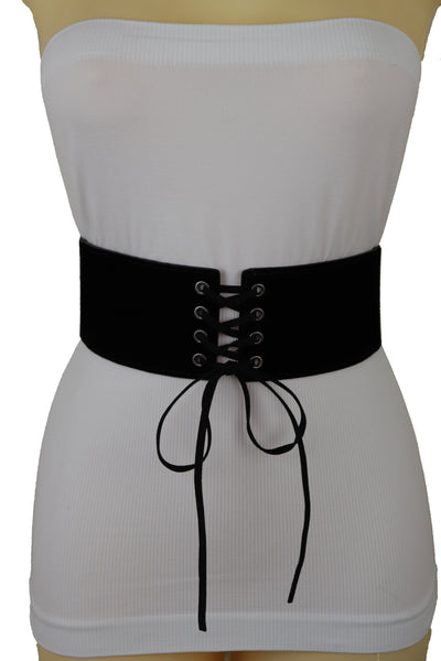 Brand New Women Black Faux Suede Leather Elastic Corset Fashion Belt Hip High Waist S M
