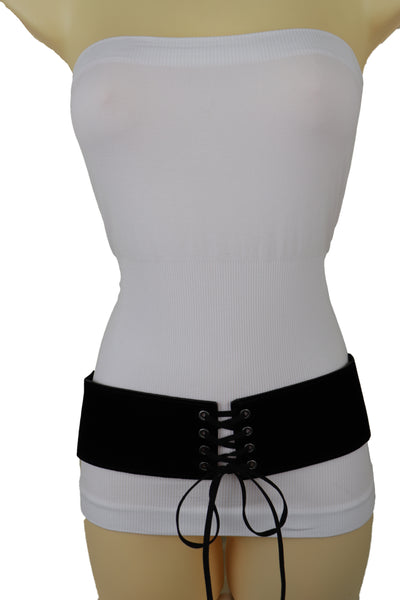 Brand New Women Black Faux Suede Leather Elastic Corset Fashion Belt Hip High Waist S M