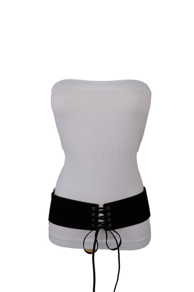 Brand New Women Black Faux Suede Leather Elastic Corset Fashion Belt Hip High Waist S M