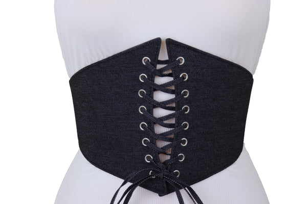Brand New Women Black Denim Wide Fabric Elastic High Waist Corset Belt Adjustable Size S M