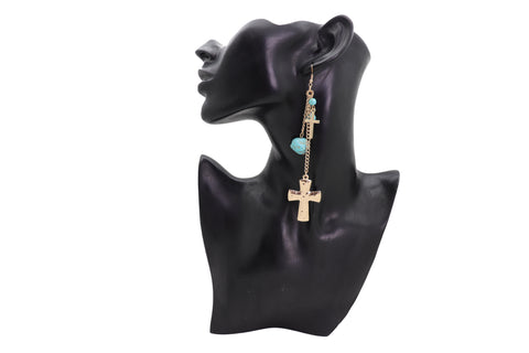 Brand New Women Gold Metal Chain Fashion Jewelry Dangle Earrings Set Cross Turquoise Beads