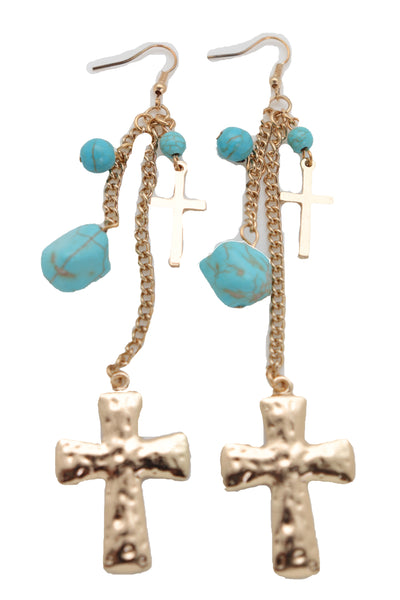 Brand New Women Gold Metal Chain Fashion Jewelry Dangle Earrings Set Cross Turquoise Beads
