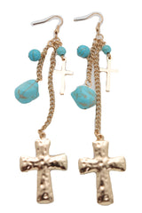 Gold Metal Chain Dangle Earrings Set Cross Turquoise Beads