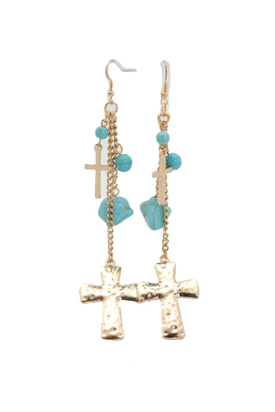 Brand New Women Gold Metal Chain Fashion Jewelry Dangle Earrings Set Cross Turquoise Beads