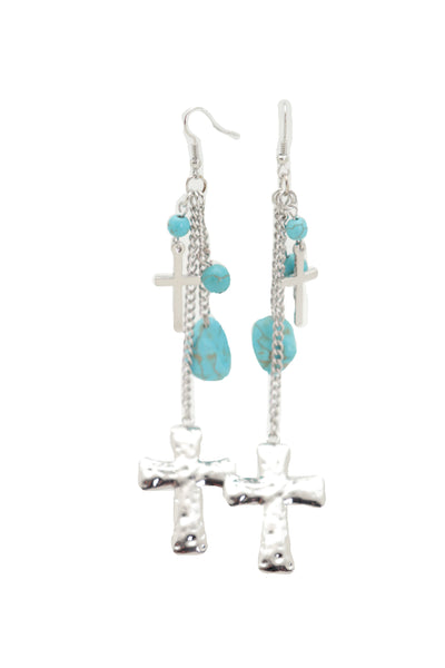 Brand New Women Silver Metal Chain Fashion Jewelry Dangle Earring Set Cross Turquoise Bead