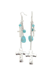 Silver Metal Chain Dangle Earring Set Cross Turquoise Bead
