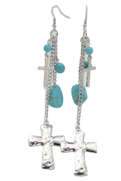 Brand New Women Silver Metal Chain Fashion Jewelry Dangle Earring Set Cross Turquoise Bead
