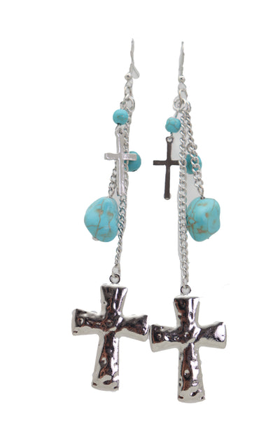 Brand New Women Silver Metal Chain Fashion Jewelry Dangle Earring Set Cross Turquoise Bead
