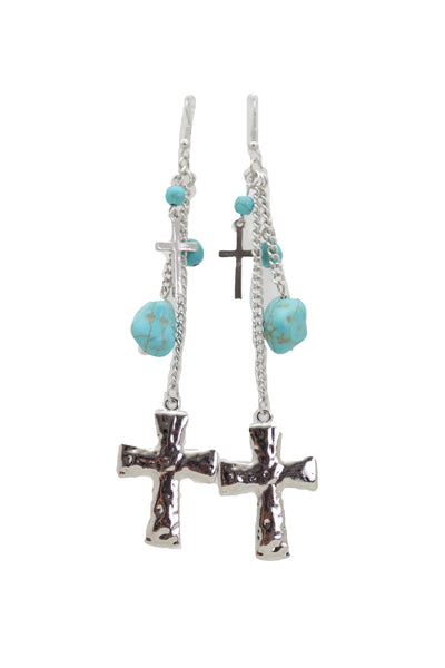Brand New Women Silver Metal Chain Fashion Jewelry Dangle Earring Set Cross Turquoise Bead