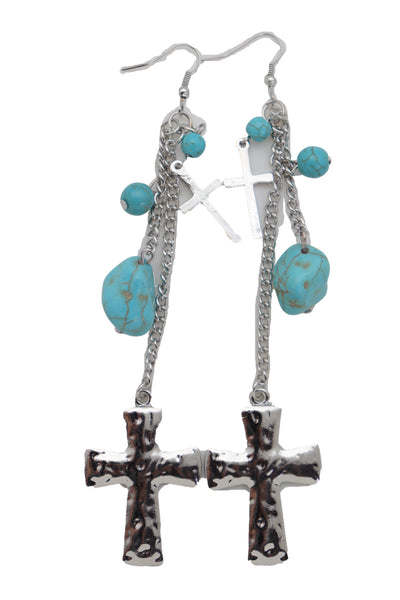 Brand New Women Silver Metal Chain Fashion Jewelry Dangle Earring Set Cross Turquoise Bead