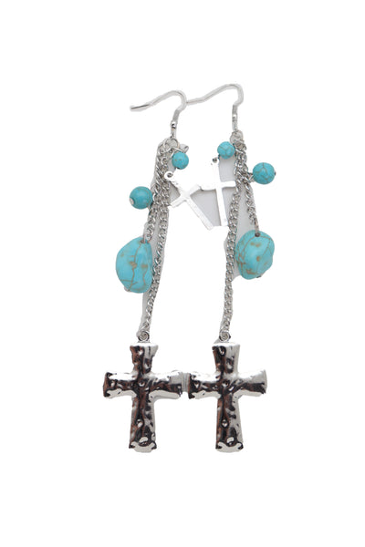 Brand New Women Silver Metal Chain Fashion Jewelry Dangle Earring Set Cross Turquoise Bead