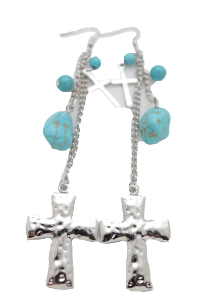 Brand New Women Silver Metal Chain Fashion Jewelry Dangle Earring Set Cross Turquoise Bead