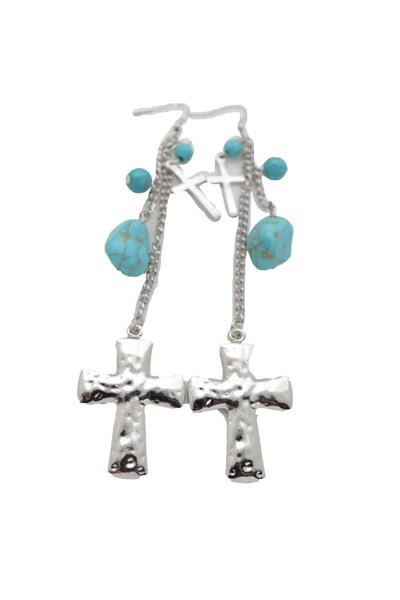 Brand New Women Silver Metal Chain Fashion Jewelry Dangle Earring Set Cross Turquoise Bead
