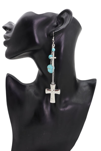 Brand New Women Silver Metal Chain Fashion Jewelry Dangle Earring Set Cross Turquoise Bead