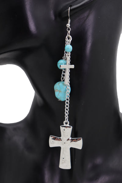 Brand New Women Silver Metal Chain Fashion Jewelry Dangle Earring Set Cross Turquoise Bead