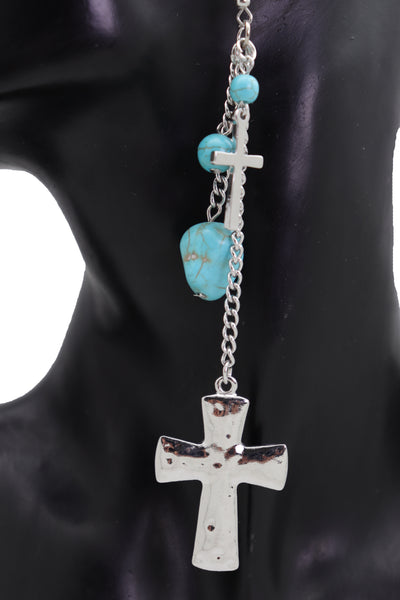 Brand New Women Silver Metal Chain Fashion Jewelry Dangle Earring Set Cross Turquoise Bead