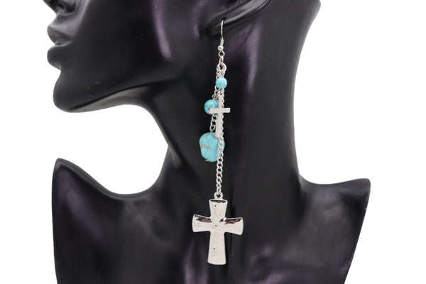 Brand New Women Silver Metal Chain Fashion Jewelry Dangle Earring Set Cross Turquoise Bead